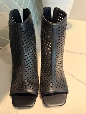 Women's Black Perforated Open-Toe Ankle Boots by Venus